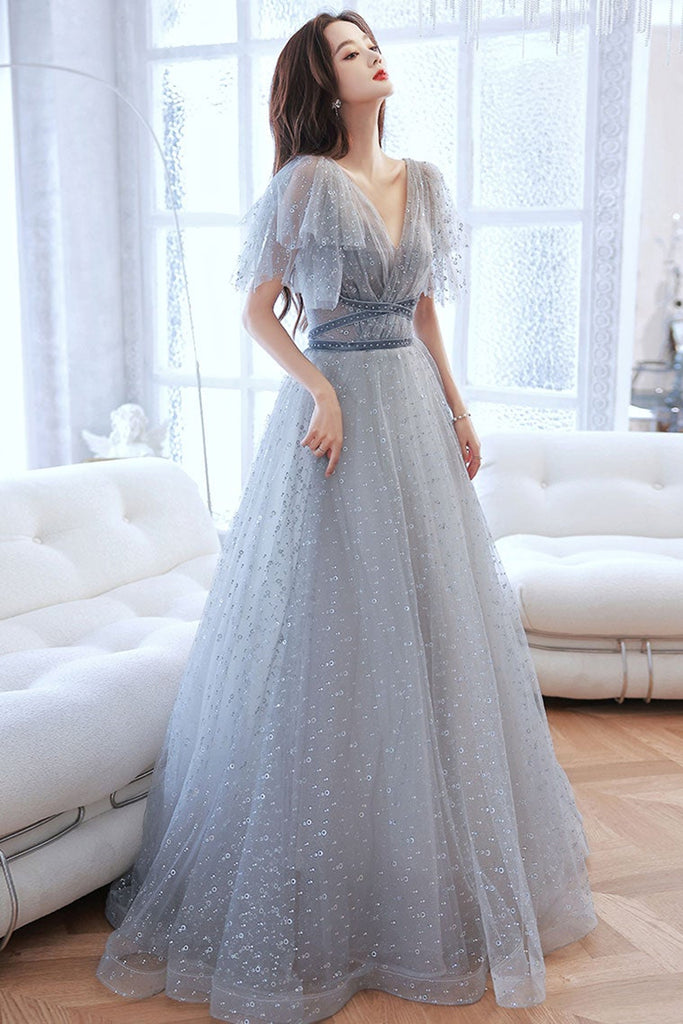 Cap Sleeves V Neck Gray Tulle Long Prom Dresses, Shiny V Neck Gray For Lwt Dress Cap Sleeves V Neck Gray Tulle Long Prom Dresses, Shiny V Neck Gray For Lwt Dress