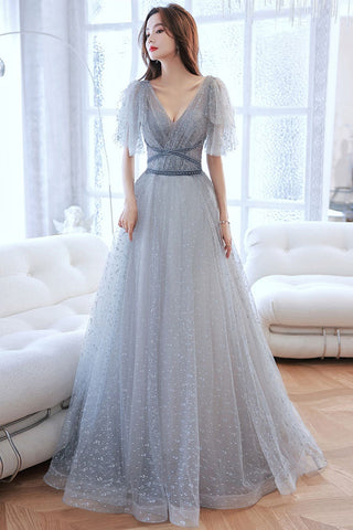 Cap Sleeves V Neck Gray Tulle Long Prom Dresses, Shiny V Neck Gray Formal Dresses, Grey Evening Dresses