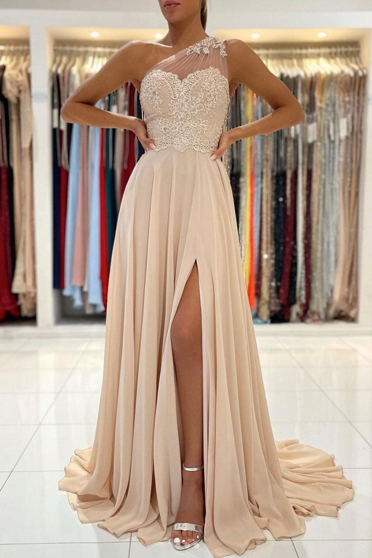 Champagne Chiffon One Shoulder Lace Long Prom Dresses with High Slit, One Shoulder Champagne Formal Dresses, Champagne Lace Evening Dresses