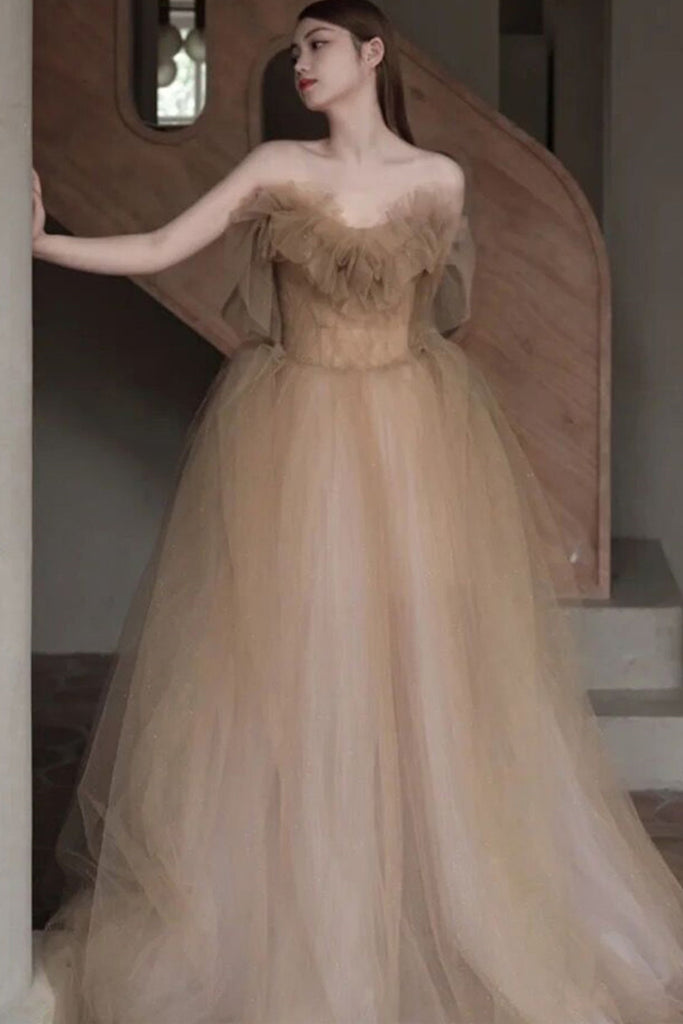Champagne Elegant Strapless Tulle Long Prom Dresses, Champagne Tulle F