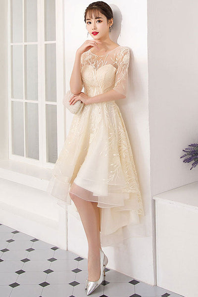Champagne Lace Half Sleeves High Low Prom Homecoming Dresses, High Low Champagne Formal Graduation Evening Dresses WT1043