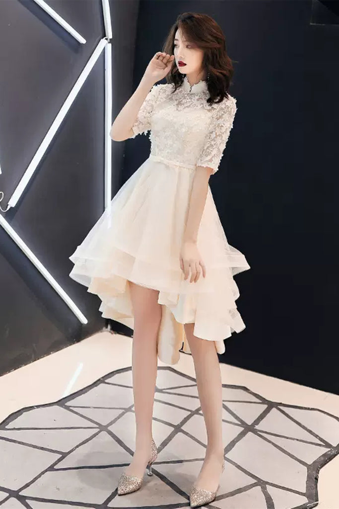 Champagne Lace Half Sleeves High Low Short Prom Dresses, Champagne Lac Lwt Dress Champagne Lace Half Sleeves High Low Short Prom Dresses, Champagne Lac Lwt Dress