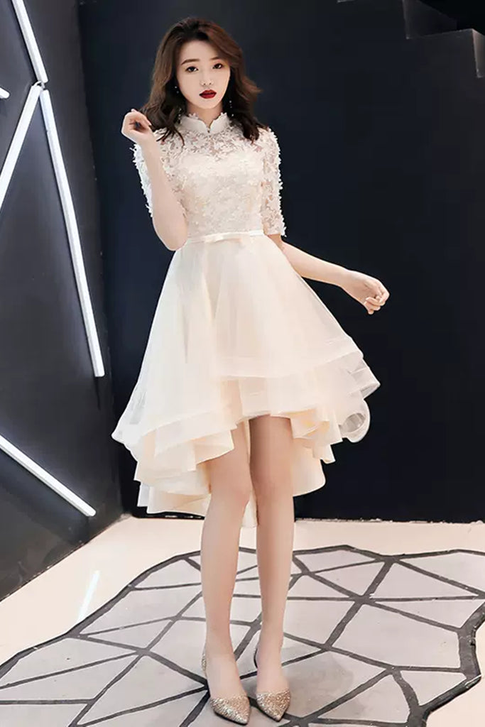 Champagne Lace Half Sleeves High Low Short Prom Dresses, Champagne Lac Lwt Dress Champagne Lace Half Sleeves High Low Short Prom Dresses, Champagne Lac Lwt Dress