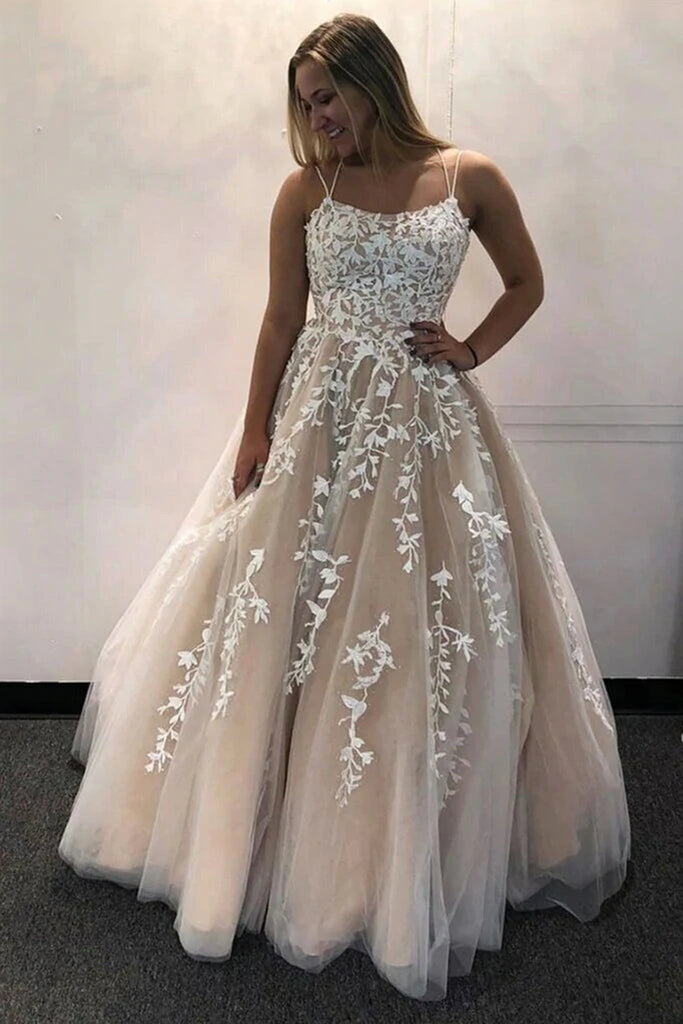 Champagne Lace Tulle Long Prom Dresses Open Back Champagne Lace Formal