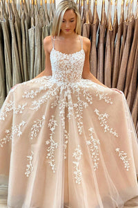 Champagne Lace Tulle Long Prom Dresses, Champagne Lace Formal Dresses, Champagne Evening Dresses