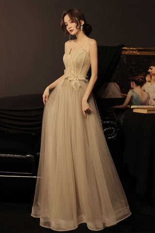 Champagne Tulle A Line Open Back Long Prom Dresses, Long Champagne Formal Evening Dresses WT1049