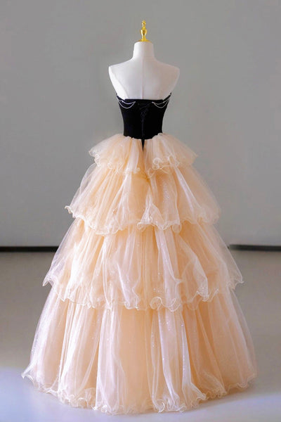 Champagne Tulle A Line Strapless Layered Long Prom Dresses, Champagne Formal Graduation Evening Dresses WT1163