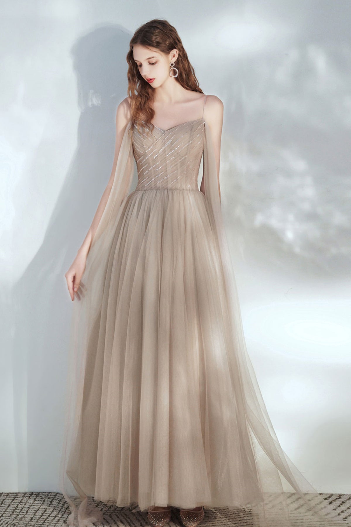 Champagne Tulle Elegant Long Prom Dresses, Champagne Formal Graduation Lwt Dress Champagne Tulle Elegant Long Prom Dresses, Champagne Formal Graduation Lwt Dress