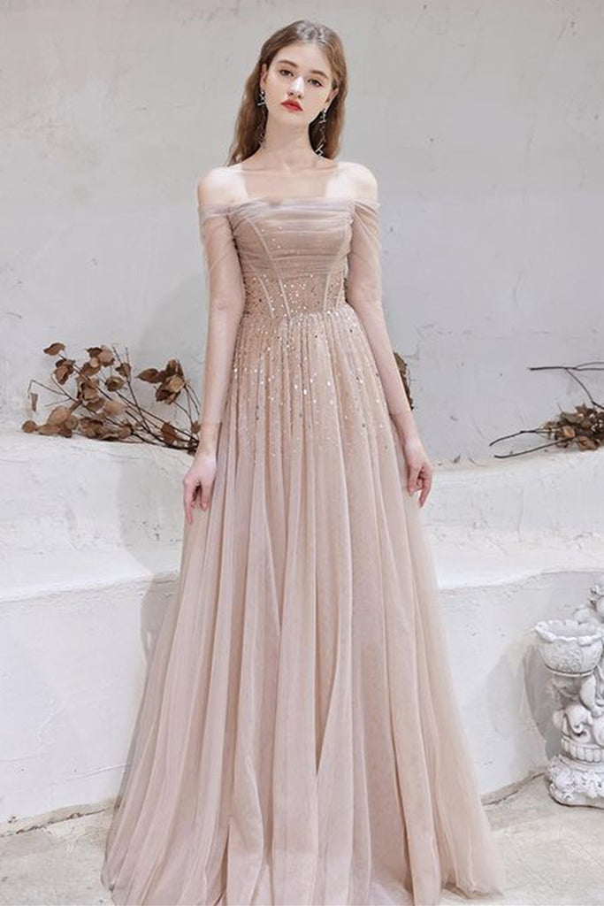 Champagne Tulle Elegant Long Sleeves Prom Dresses with Sequins, Champa Lwt Dress Champagne Tulle Elegant Long Sleeves Prom Dresses with Sequins, Champa Lwt Dress