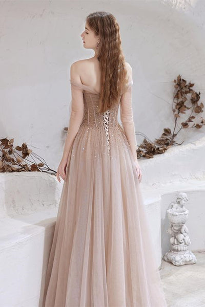 Champagne Tulle Elegant Long Sleeves Prom Dresses with Sequins, Champagne Formal Graduation Evening Dresses WT1226