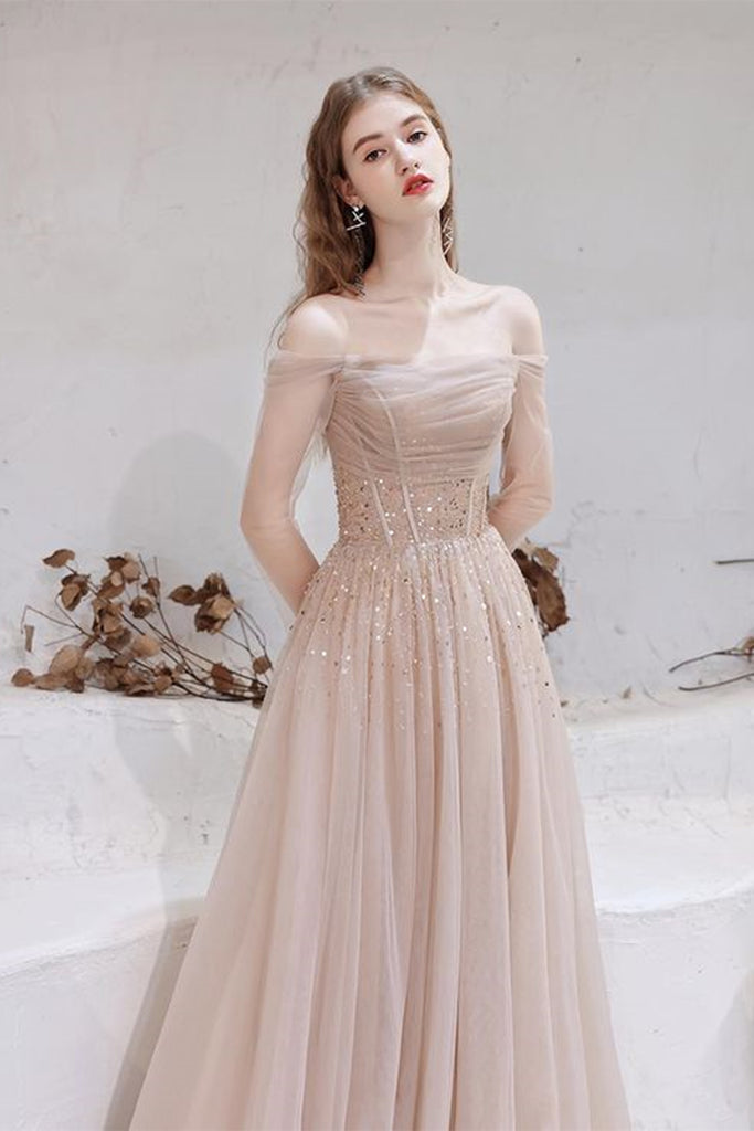 Champagne Tulle Elegant Long Sleeves Prom Dresses with Sequins, Champa