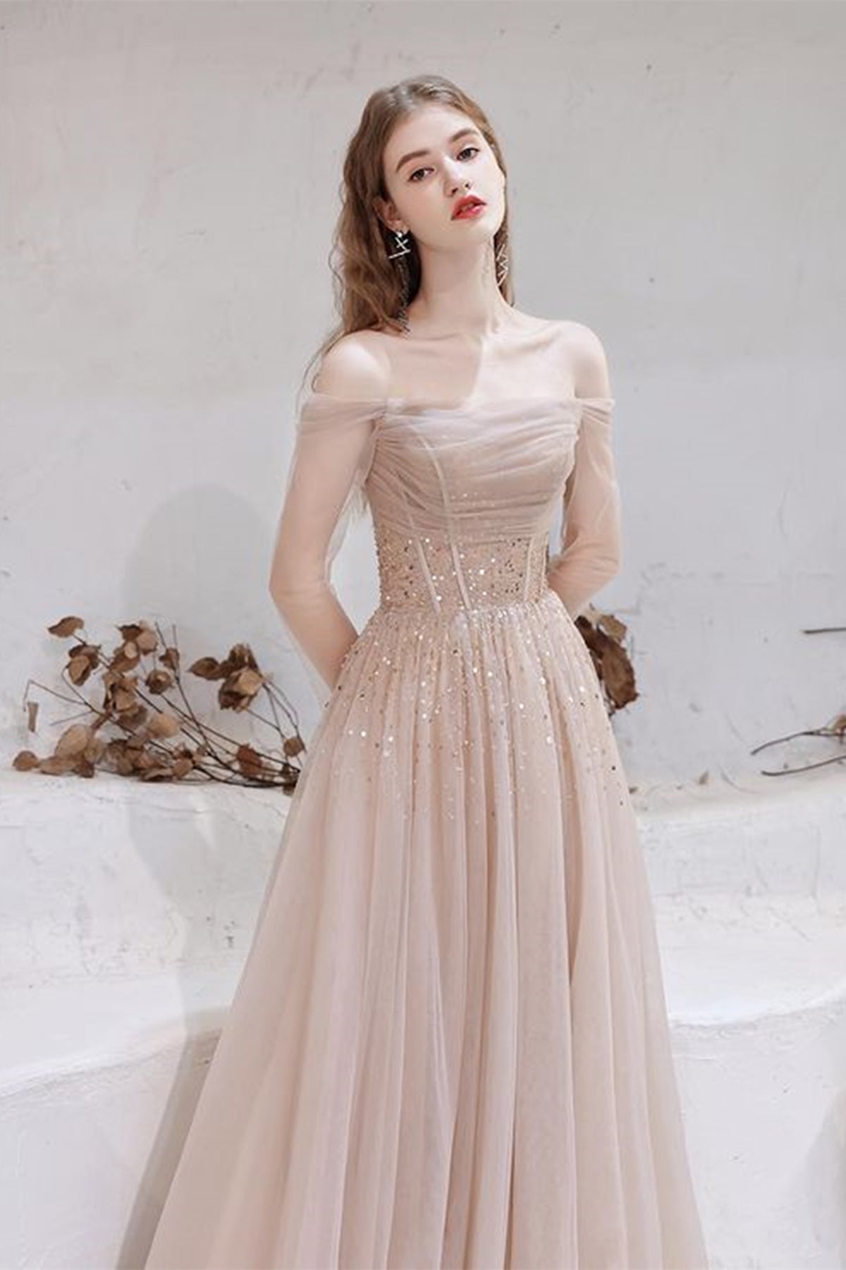 Champagne Tulle Elegant Long Sleeves Prom Dresses with Sequins, Champa
