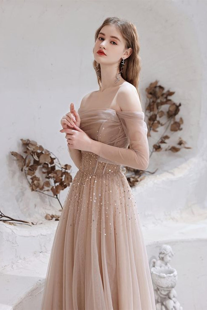 Champagne Tulle Elegant Long Sleeves Prom Dresses with Sequins, Champa
