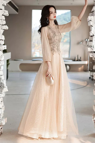 Champagne Tulle High Neck Long Sleeves Beaded Prom Dresses, Shiny Champagne Formal Dresses, Beaded Evening Dresses WT1082