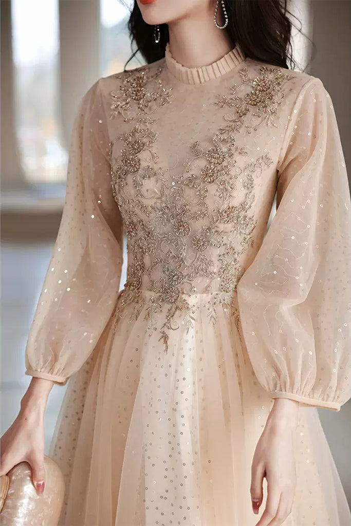 Champagne Tulle High Neck Long Sleeves Beaded Prom Dresses, Shiny Cham – Lwt Dress Champagne Tulle High Neck Long Sleeves Beaded Prom Dresses, Shiny Cham – Lwt Dress