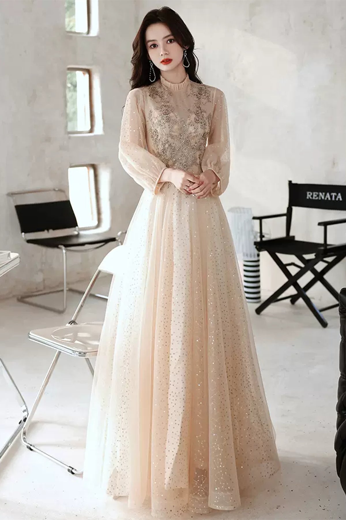 Champagne Tulle High Neck Long Sleeves Beaded Prom Dresses, Shiny Cham Lwt Dress Champagne Tulle High Neck Long Sleeves Beaded Prom Dresses, Shiny Cham Lwt Dress