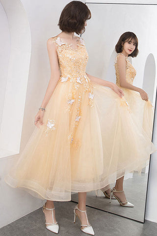 Champagne Tulle V Neck Lace Short Prom Dresses, Champagne Lace Homecoming Dresses, Champagne Formal Evening Dresses WT1057