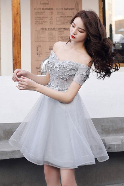 Cute Off Shoulder Gray Lace Short Prom Dresses, Short Gray Homecoming Dresses, Gray Lace Formal Evening Dresses