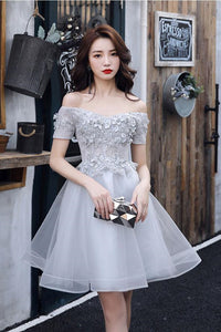 Cute Off Shoulder Gray Lace Short Prom Dresses, Short Gray Homecoming Lwt Dress Cute Off Shoulder Gray Lace Short Prom Dresses, Short Gray Homecoming Lwt Dress