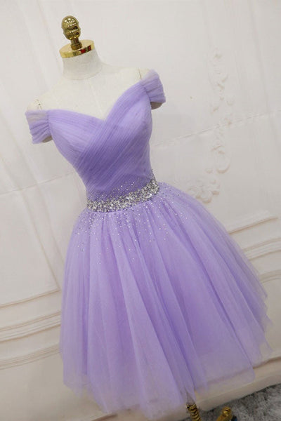 Cute Off Shoulder Purple Tulle Short Prom Dresses with Sequins, Off the Shoulder Purple Homecoming Dresses, Lilac Formal Evening Dresses