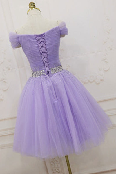 Cute Off Shoulder Purple Tulle Short Prom Dresses with Sequins, Off the Shoulder Purple Homecoming Dresses, Lilac Formal Evening Dresses