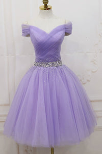 Cute Off Shoulder Purple Tulle Short Prom Dresses with Sequins, Off the Shoulder Purple Homecoming Dresses, Lilac Formal Evening Dresses