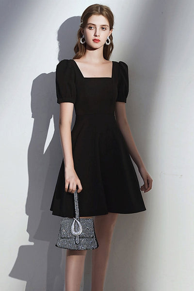 Cute Short Sleeves Black Prom Dresses, Short Black Homecoming Dresses, Black Formal Evening Dresses