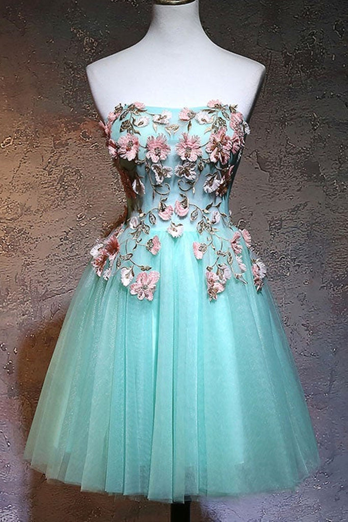 Cute Strapless Short Blue Prom Homecoming Dresses with Lace Appliques, Lwt Dress Cute Strapless Short Blue Prom Homecoming Dresses with Lace Appliques, Lwt Dress
