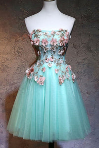 Cute Strapless Short Blue Prom Homecoming Dresses with Lace Appliques, Short Blue Floral Formal Evening Dresses