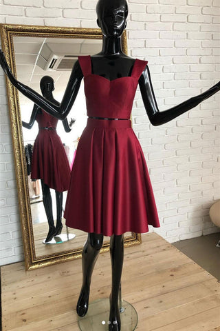 Cute Sweetheart Neck Two Pieces Burgundy Short Prom Homecoming Dresses, 2 Pieces Burgundy Formal Graduation Evening Dresses