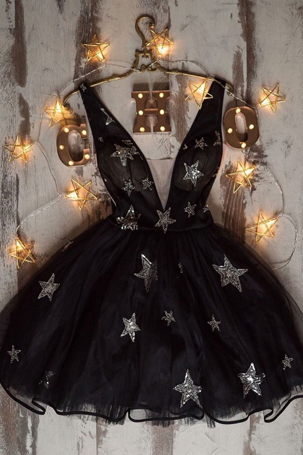 Cute V Neck Black Tulle Short Prom Dresses with Stars, V Neck Black Homecoming Dresses, Black Formal Dresses