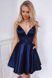 Cute V Neck Blue Satin Short Prom Homecoming Dresses with Pocket, V Neck Blue Formal Graduation Evening Dresses