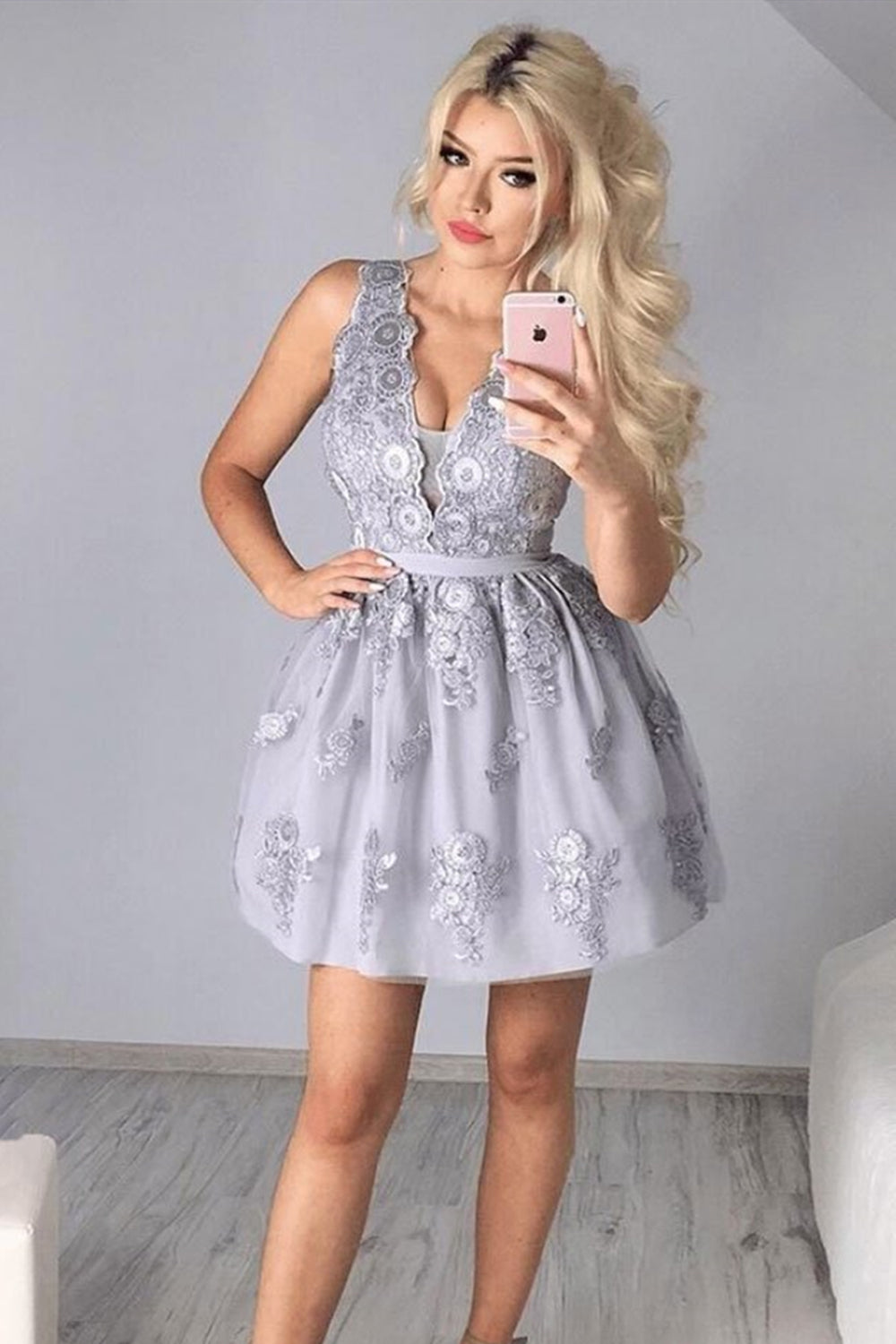 Cute V Neck Gray Lace Short Prom Dresses, Gray Lace Homecoming Dresses, Grey Formal Evening Dresses