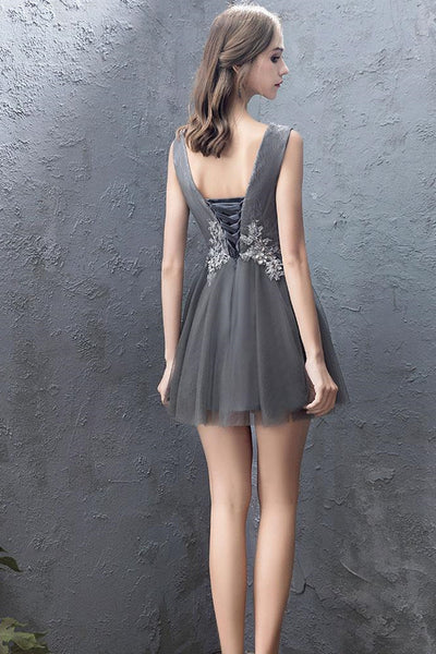 Cute Round Neck Open Back Gray Lace Short Prom Dresses, Gray Lace Homecoming Dresses, Grey Formal Graduation Evening Dresses