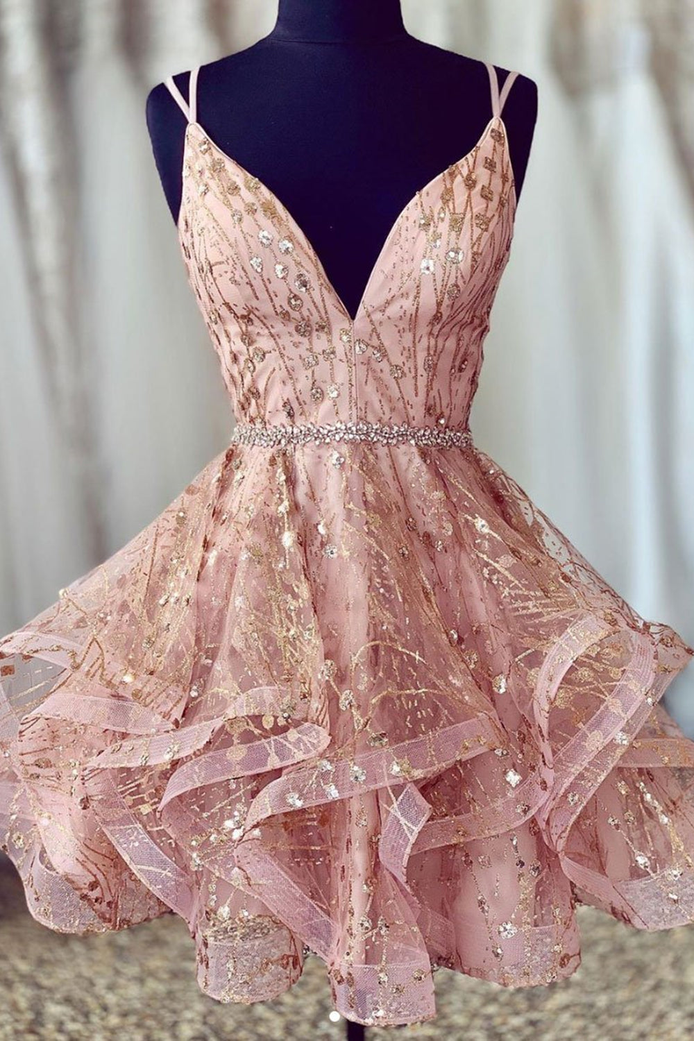 Cute V Neck Open Back Pink Short Prom Dresses, V Neck Pink Homecoming Dresses, Pink Formal Evening Dresses
