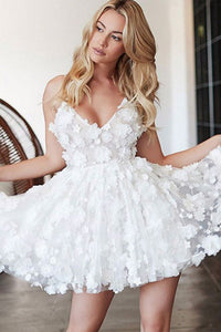 Cute White Floral V Neck Lace Short Prom Homecoming Dresses, Short White Floral Lace Formal Graduation Evening Dresses