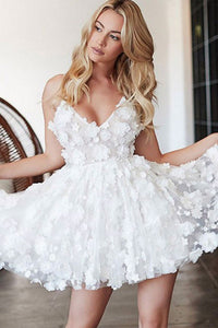 Cute White Floral V Neck Lace Short Prom Homecoming Dresses, Short Whi Lwt Dress Cute White Floral V Neck Lace Short Prom Homecoming Dresses, Short Whi Lwt Dress