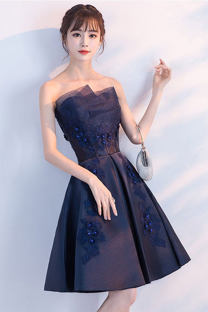 Dark Blue Lace Floral Short Prom Dresses, Strapless Dark Blue Homecomi Lwt Dress Dark Blue Lace Floral Short Prom Dresses, Strapless Dark Blue Homecomi Lwt Dress