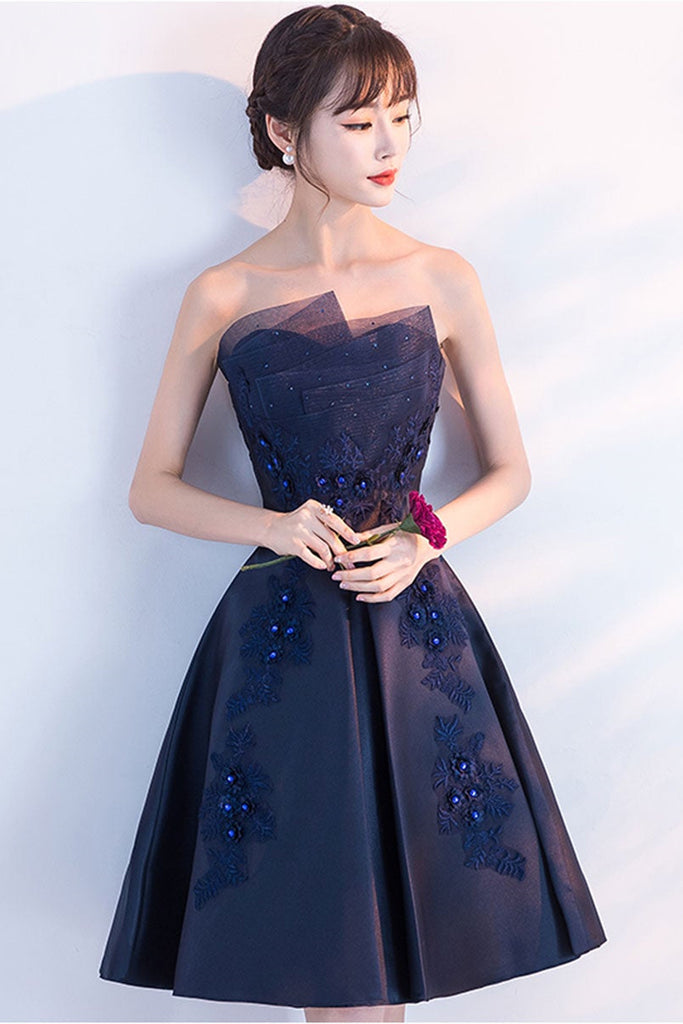 Dark Blue Lace Floral Short Prom Dresses, Strapless Dark Blue Homecomi Lwt Dress Dark Blue Lace Floral Short Prom Dresses, Strapless Dark Blue Homecomi Lwt Dress