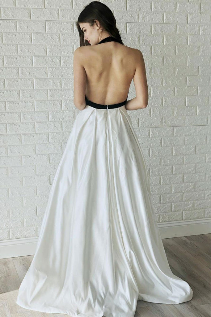 Deep V Neck Backless White Long Prom Dresses with Black Top, Halter Ne Lwt Dress Deep V Neck Backless White Long Prom Dresses with Black Top, Halter Ne Lwt Dress