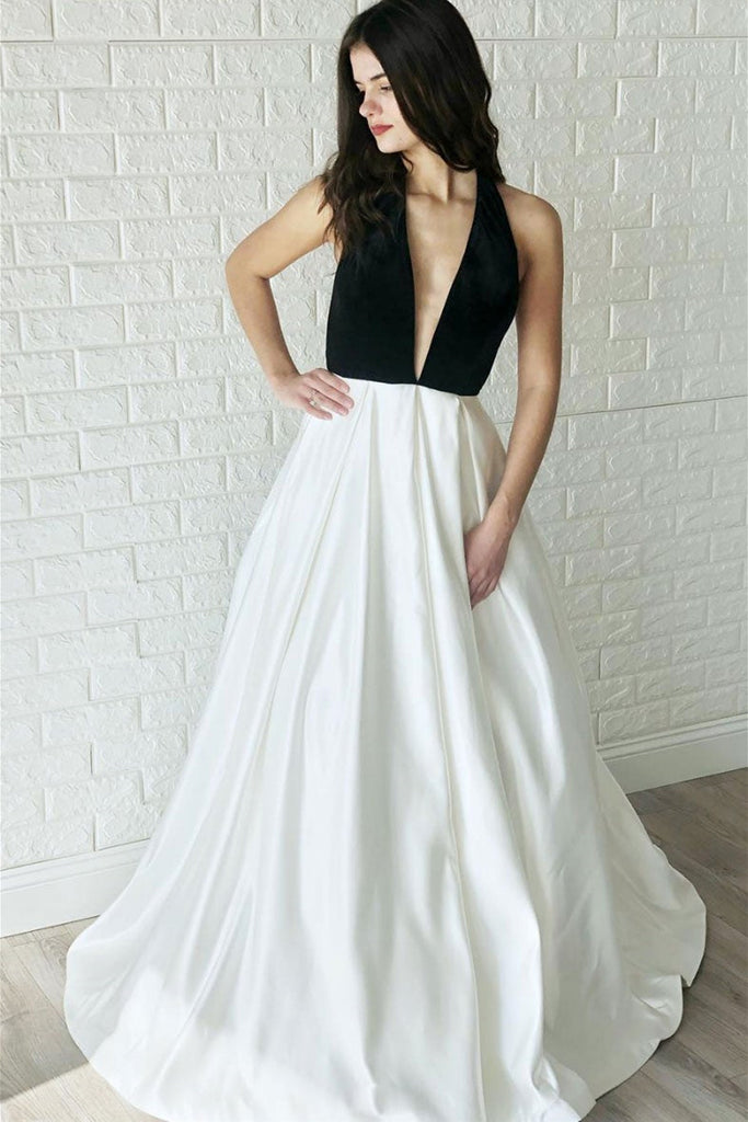 Deep V Neck Backless White Long Prom Dresses with Black Top, Halter Ne Lwt Dress Deep V Neck Backless White Long Prom Dresses with Black Top, Halter Ne Lwt Dress