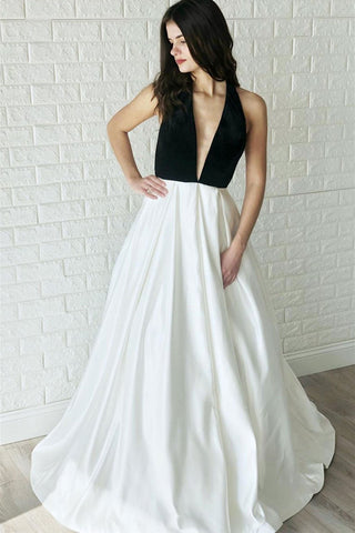 Deep V Neck Backless White Long Prom Dresses with Black Top, Halter Neck White Formal Graduation Evening Dresses