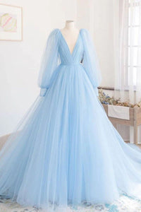 Elegant Blue Tulle Long Prom Dresses V Neck Long Sleeves Blue Formal Graduation Evening Dresses