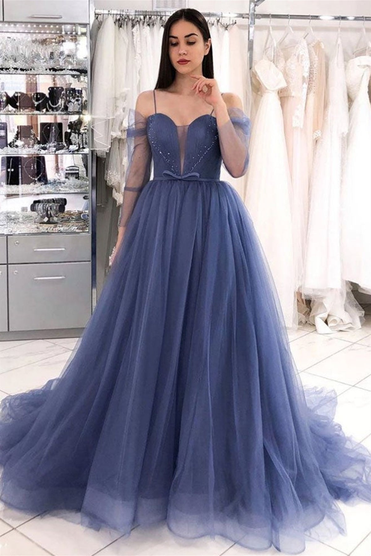 Elegant Blue Tulle Off Shoulder Long Prom Dresses, Blue Tulle Formal Evening Dresses