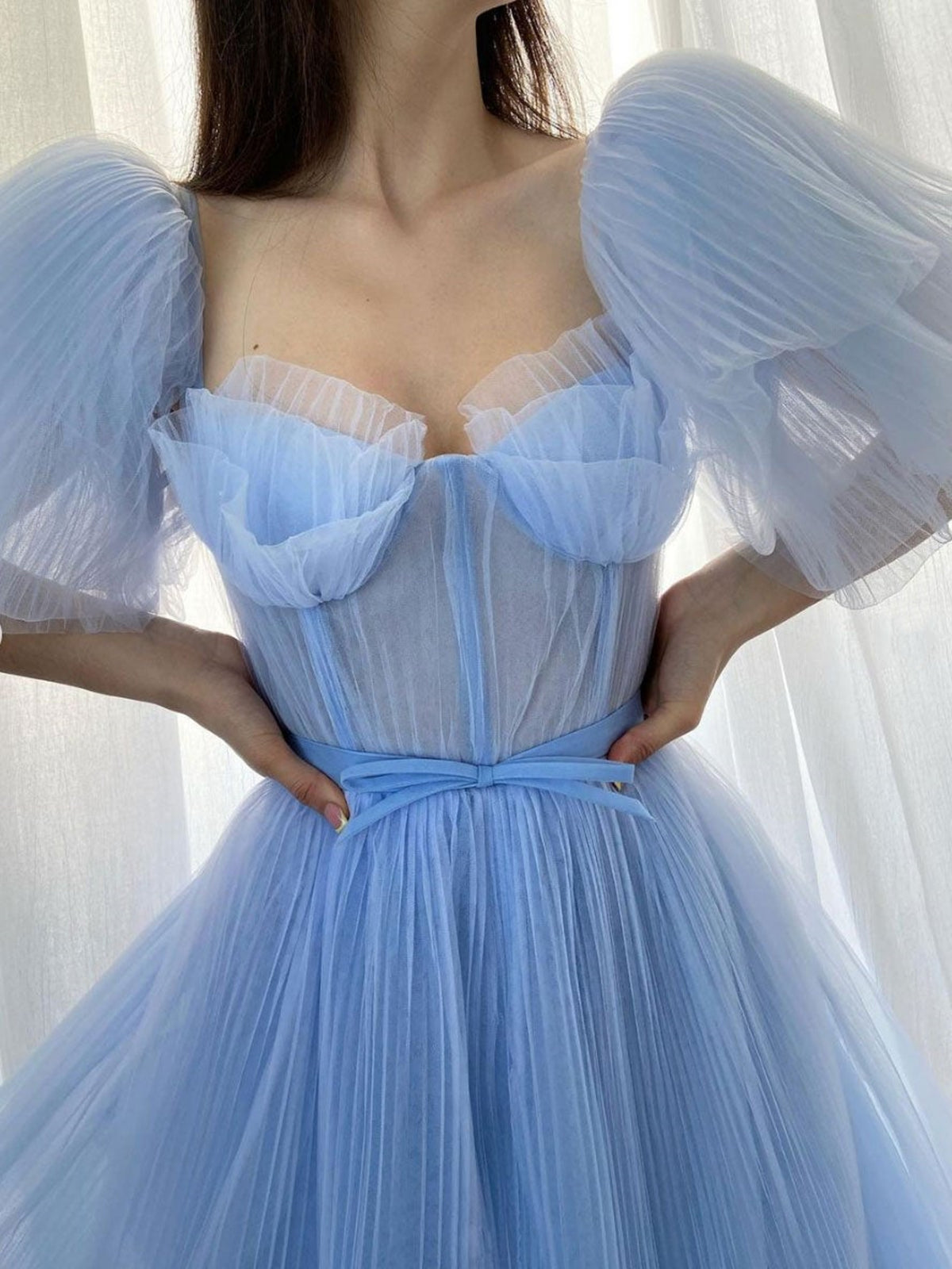 Elegant Cap Sleeves Blue Tulle Long Prom Dresses, Long Blue Formal Evening Dresses
