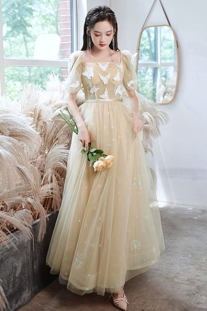 Elegant Champagne Tulle Long Prom Dresses with Butterfly Lace, Champag – Lwt Dress