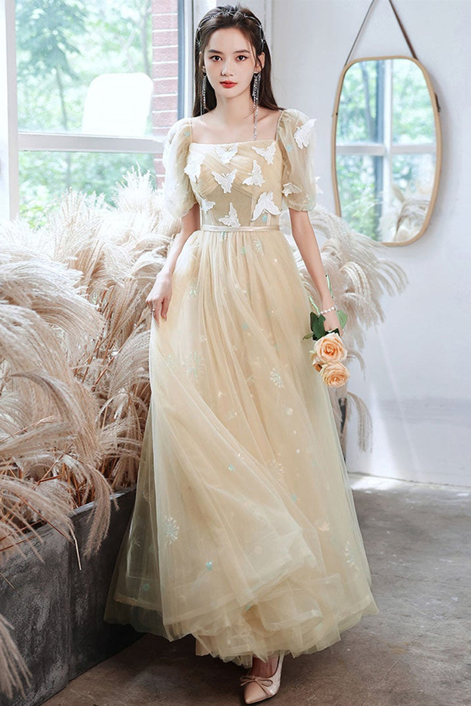 champagne tulle dress Elegant Champagne Tulle Long Prom Dresses with Butterfly Lace, Champag – Lwt Dress