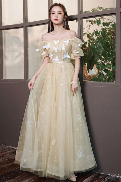 Elegant Champagne Tulle Long Prom Dresses with Butterfly Lace, Champagne Tulle Formal Evening Dresses