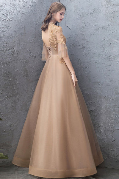 Elegant Flared Sleeves High Neck Champagne Lace Long Prom Dresses, Champagne Lace Formal Evening Dresses