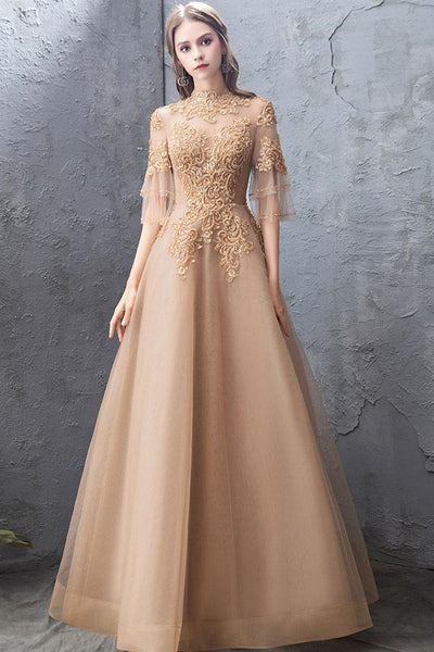 Elegant Flared Sleeves High Neck Champagne Lace Long Prom Dresses, Champagne Lace Formal Evening Dresses